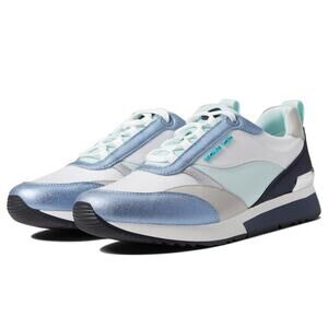 New MK MICHAEL KORS Allie Stride Trainer Lace-Up Sneakers Silver White Blue Sz 7